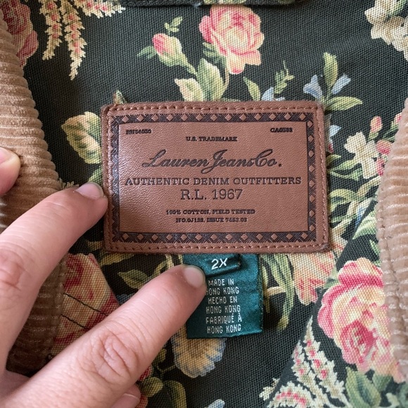 Vintage 90s Lauren Ralph Lauren Green Floral Jacket with Brown Corduroy Collar - Picture 7 of 11